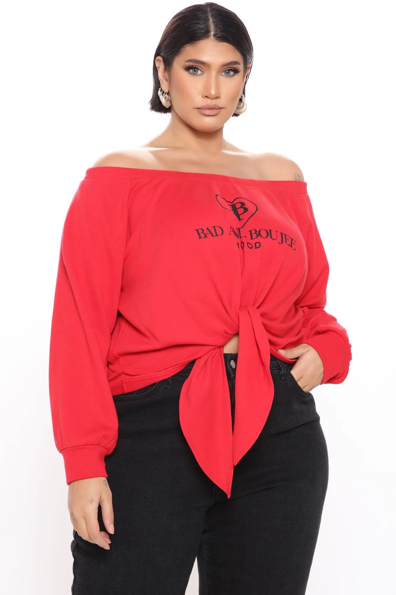 Bad And She Knows Off Shoulder Sweatshirt - Red