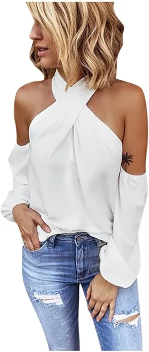Binmer Crisscross Halter Tops for Womens Sexy Long Sleeve Shirts Casual Loose Comfy Solid Backless Tunic Blouse Fashion 2024