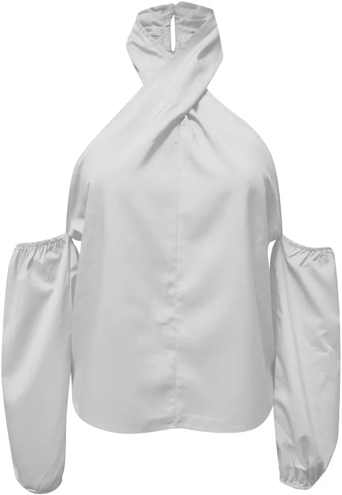 Binmer Crisscross Halter Tops for Womens Sexy Long Sleeve Shirts Casual Loose Comfy Solid Backless Tunic Blouse Fashion 2024
