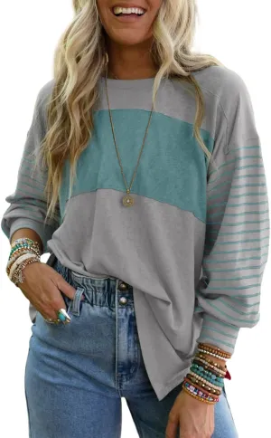Dokotoo Long Sleeve Spring Tops Oversized 2025 Trendy Round Crew Neck Casual Color Block Womens Shirts Blouses