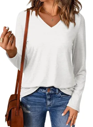 EVALESS Spring Summer Tops for Women Trendy V Neck Long Sleeve Shirts 2025 Basic T Shirts Loose Tee Clothes Casual Outfits