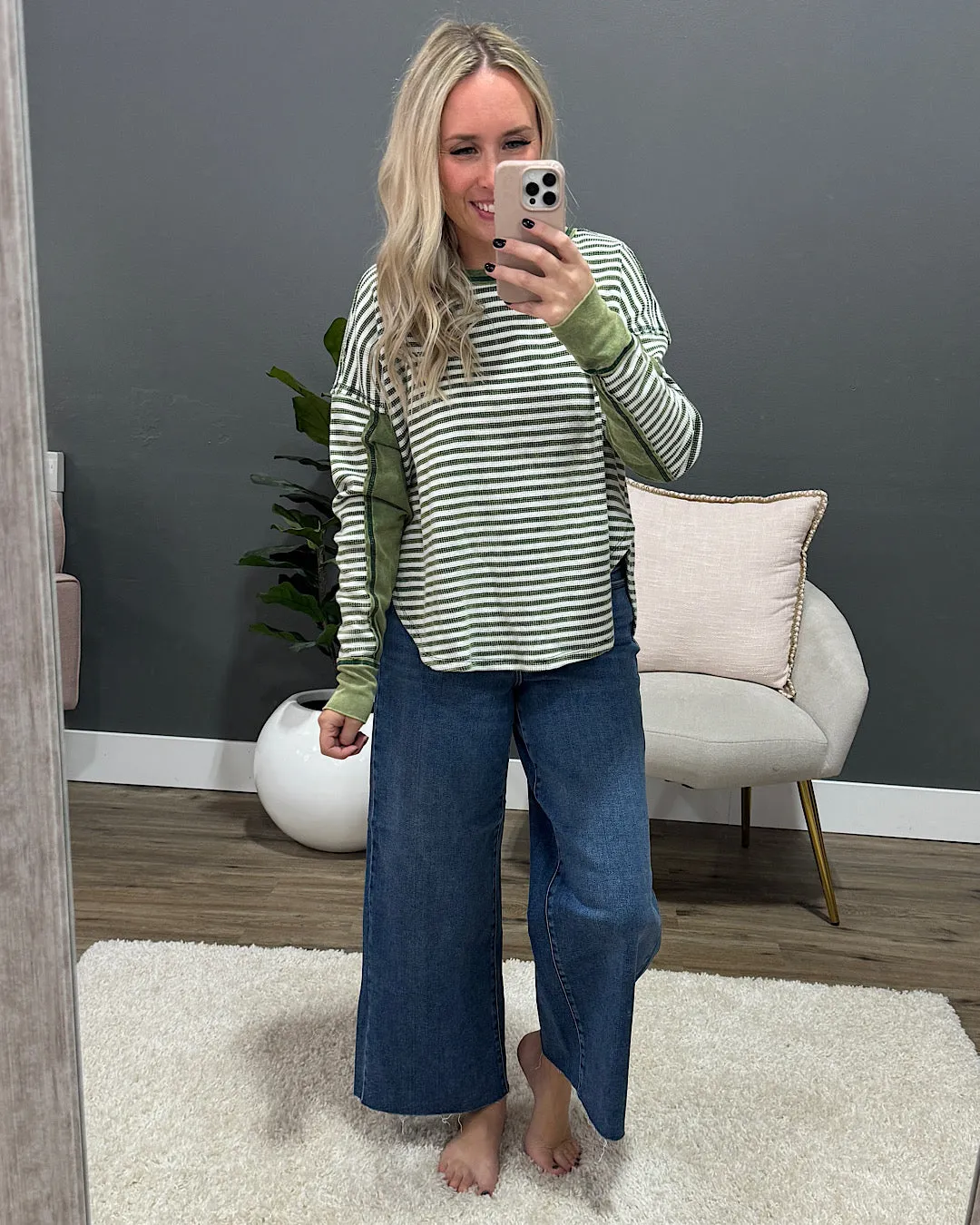 Extra Credit Striped Thermal Top - Green