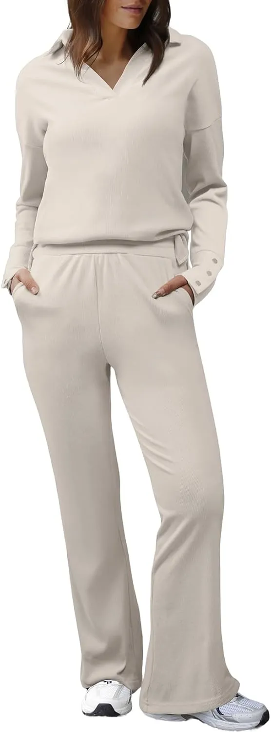 Herseas Women Sweater Set 2 Piece Outfits 2024 Long Sleeve Knit Lapel V Neck Tops High Waist Wide Leg Pants Lounge Sets