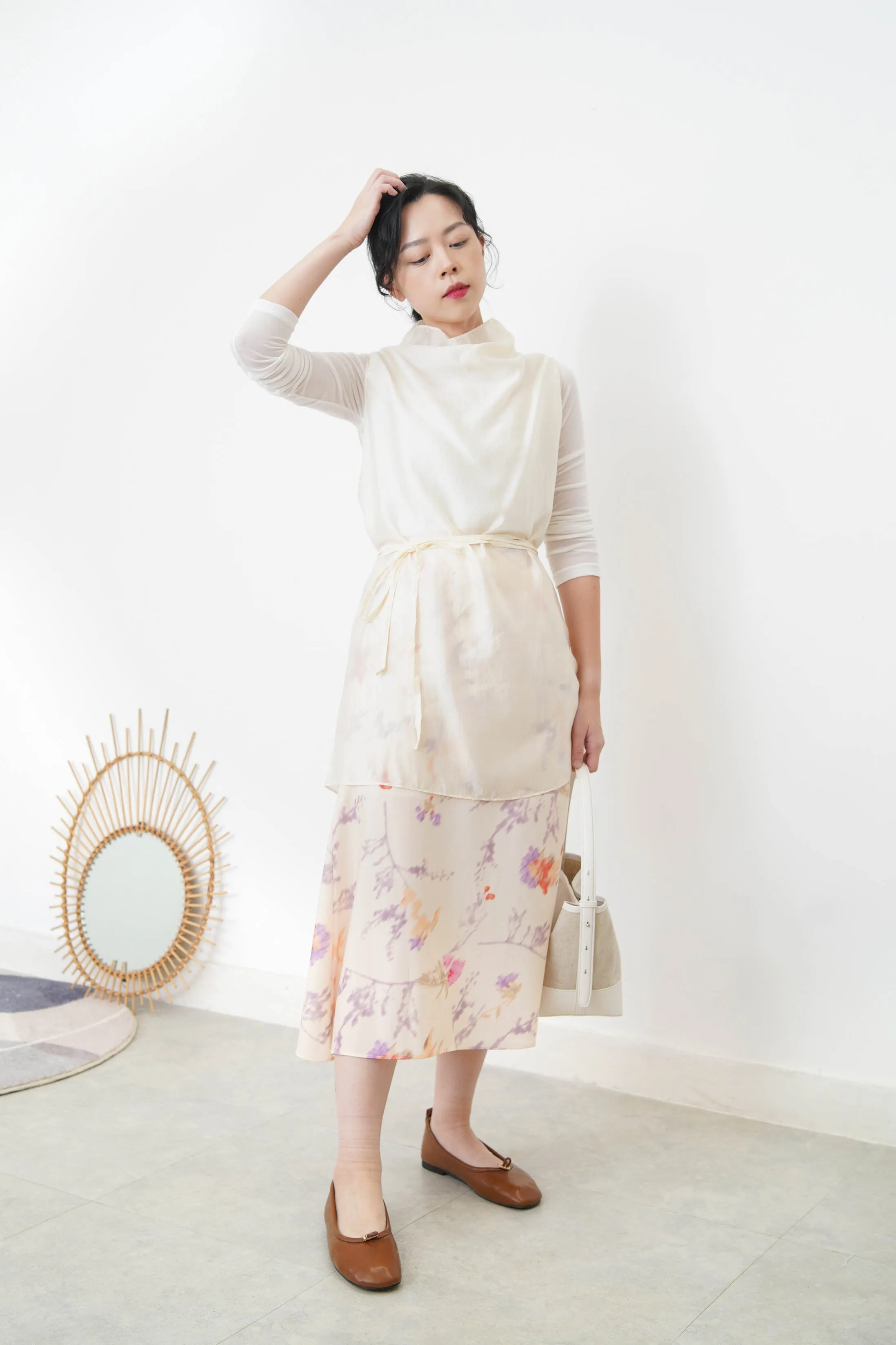 Ivory silky long vest w/ strings