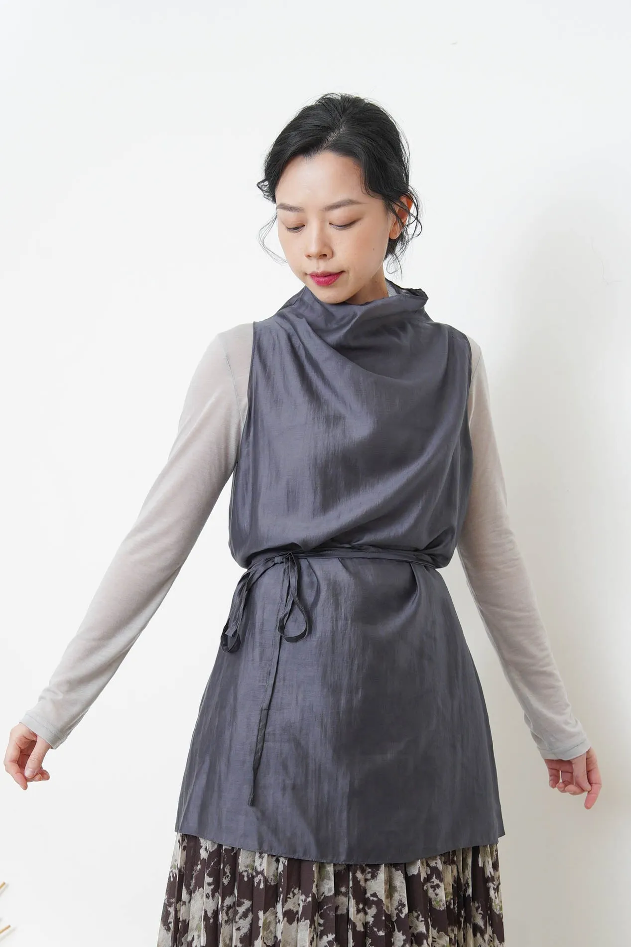 Ivory silky long vest w/ strings