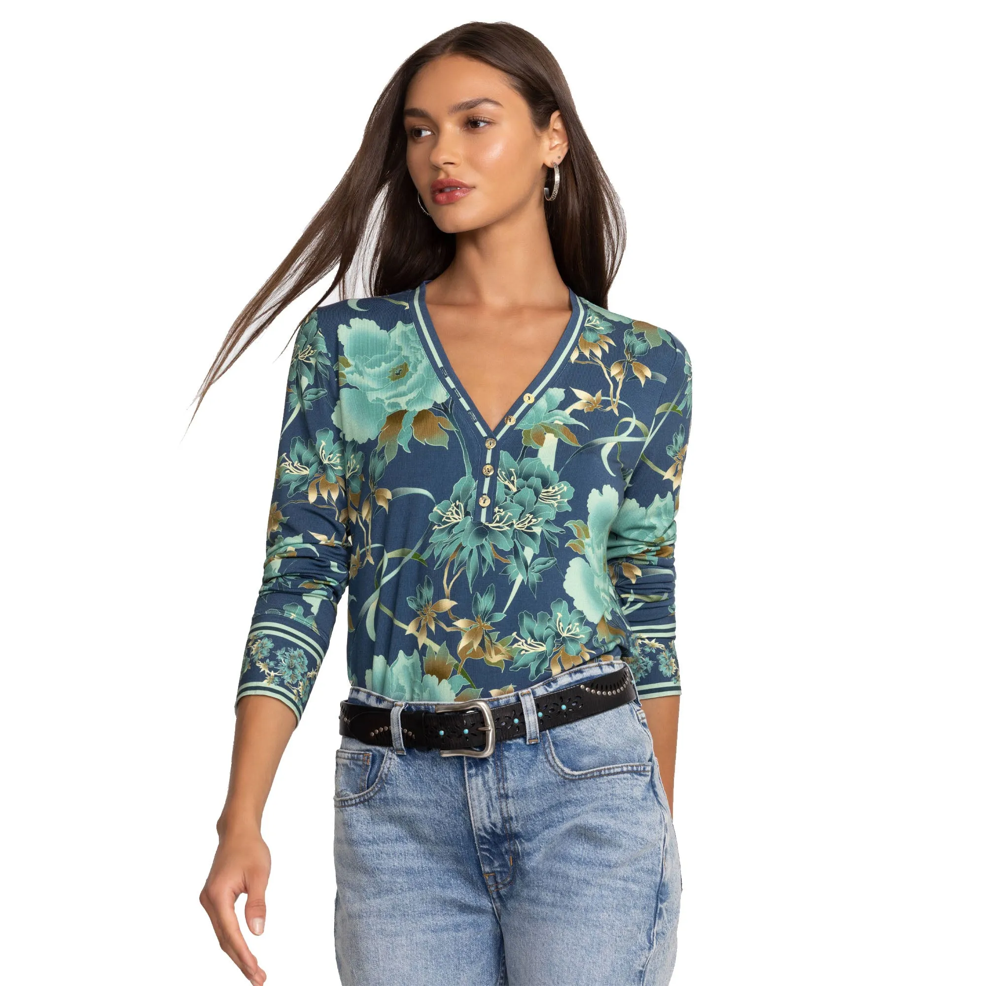 Johnny Was Janie Favorite Henley Peonee Blue Long Sleeve Tee Floral Shirt Top NEW