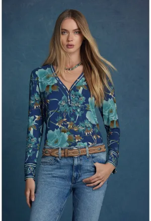 Johnny Was Janie Favorite Henley Peonee Blue Long Sleeve Tee Floral Shirt Top NEW