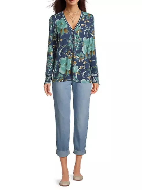 Johnny Was Janie Favorite Henley Peonee Blue Long Sleeve Tee Floral Shirt Top NEW