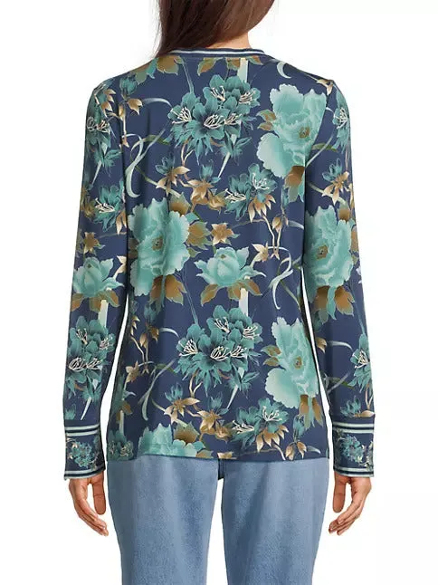 Johnny Was Janie Favorite Henley Peonee Blue Long Sleeve Tee Floral Shirt Top NEW