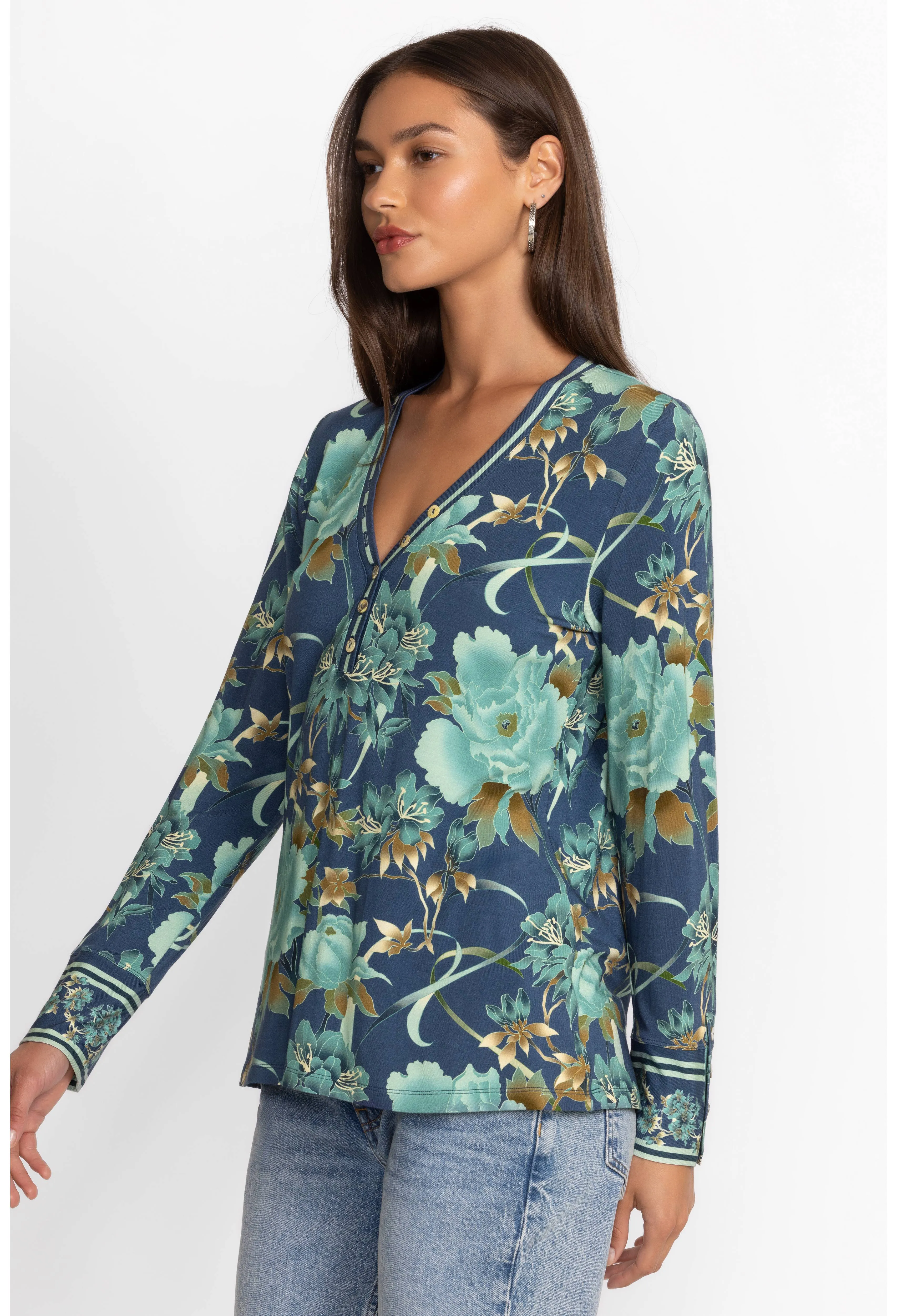 Johnny Was Janie Favorite Henley Peonee Blue Long Sleeve Tee Floral Shirt Top NEW