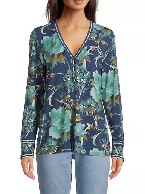 Johnny Was Janie Favorite Henley Peonee Blue Long Sleeve Tee Floral Shirt Top NEW
