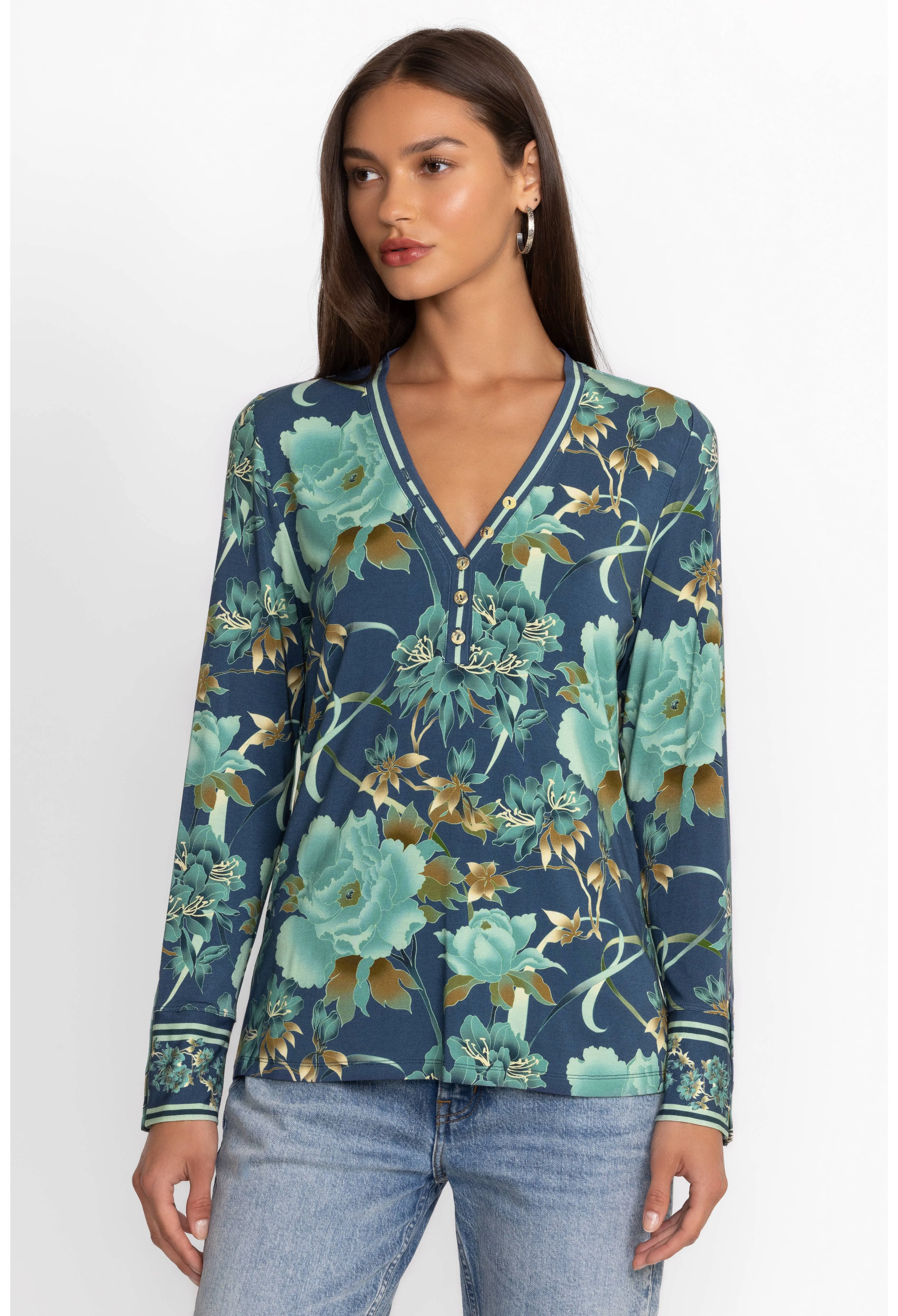 Johnny Was Janie Favorite Henley Peonee Blue Long Sleeve Tee Floral Shirt Top NEW