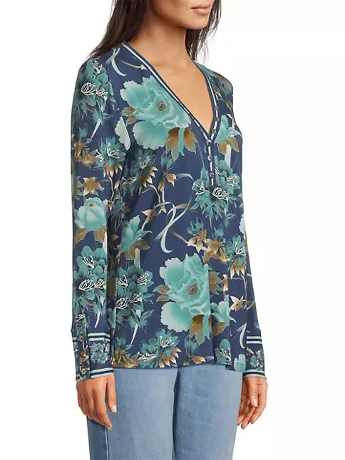 Johnny Was Janie Favorite Henley Peonee Blue Long Sleeve Tee Floral Shirt Top NEW
