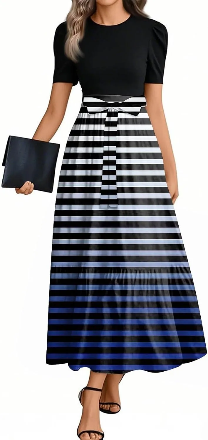Maxi Striped Prints 2025 Dresses, Beach Boho Women's Jumpsuits Trendy Bow Crew Neck Rompers for Women