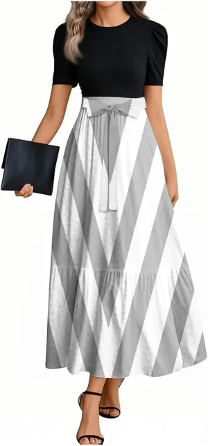 Maxi Striped Prints 2025 Dresses, Beach Boho Women's Jumpsuits Trendy Bow Crew Neck Rompers for Women