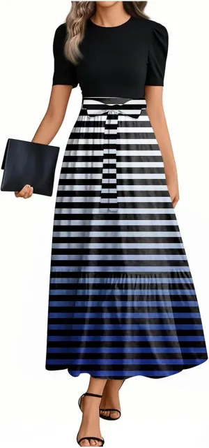 Maxi Striped Prints 2025 Dresses, Beach Boho Women's Jumpsuits Trendy Bow Crew Neck Rompers for Women