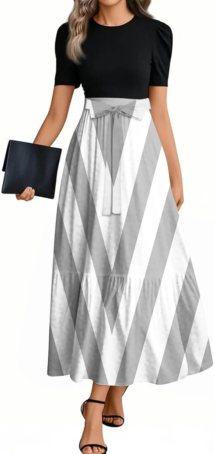 Maxi Striped Prints 2025 Dresses, Beach Boho Women's Jumpsuits Trendy Bow Crew Neck Rompers for Women