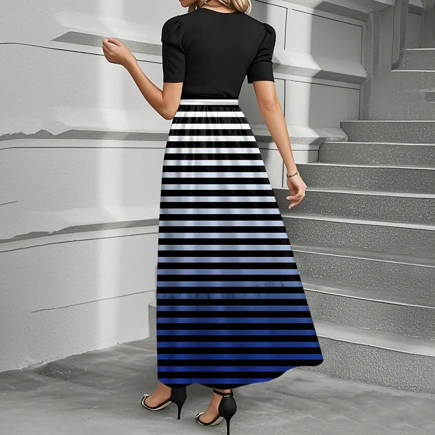 Maxi Striped Prints 2025 Dresses, Beach Boho Women's Jumpsuits Trendy Bow Crew Neck Rompers for Women