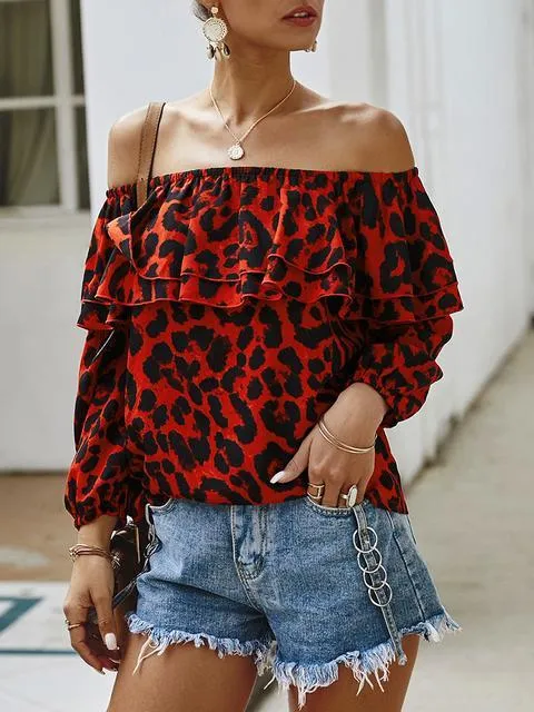 Off Shoulder Leopard Print Tops