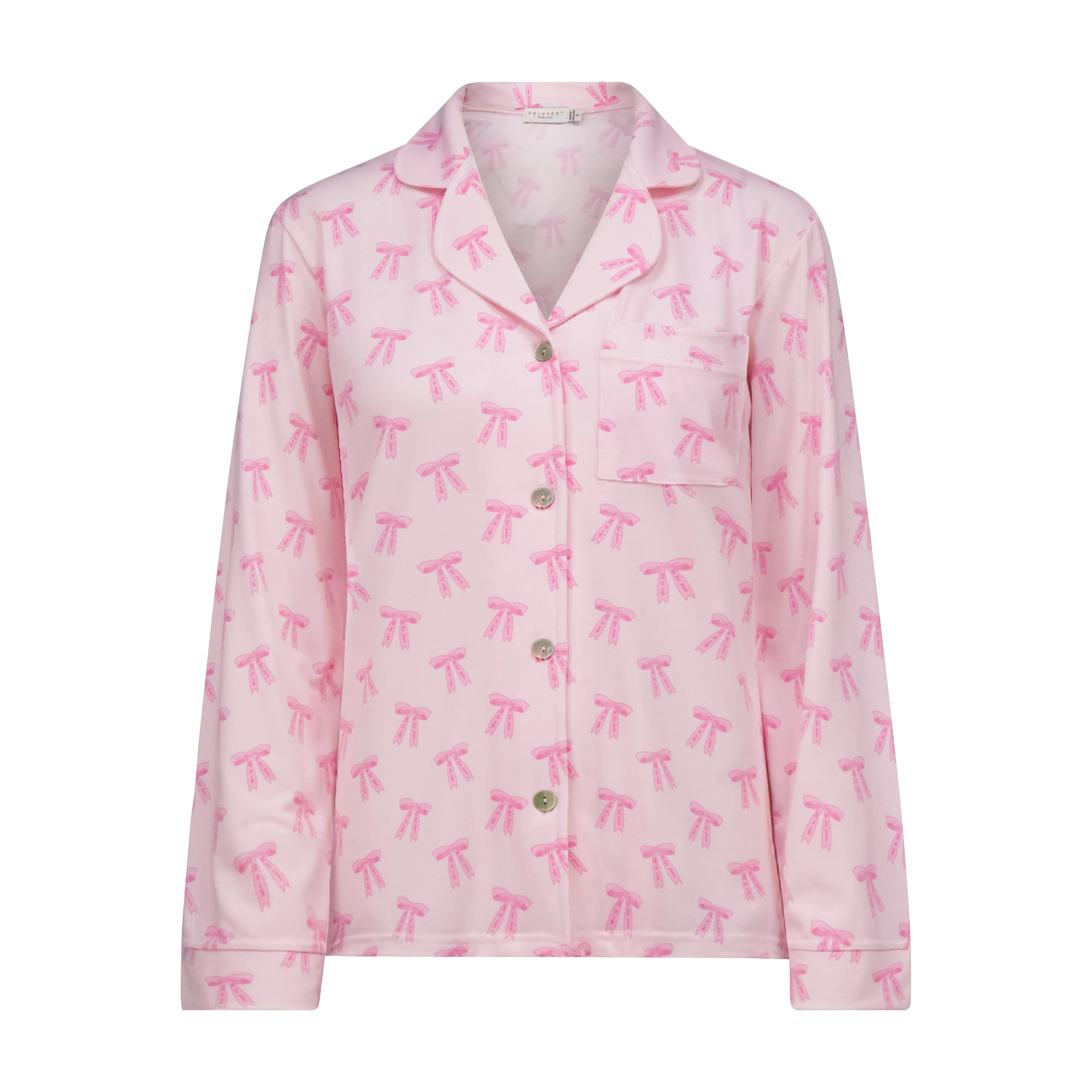 Polkadot CHARLEY Pajama Set in Pink Forever Love Bow Print -Longer Top