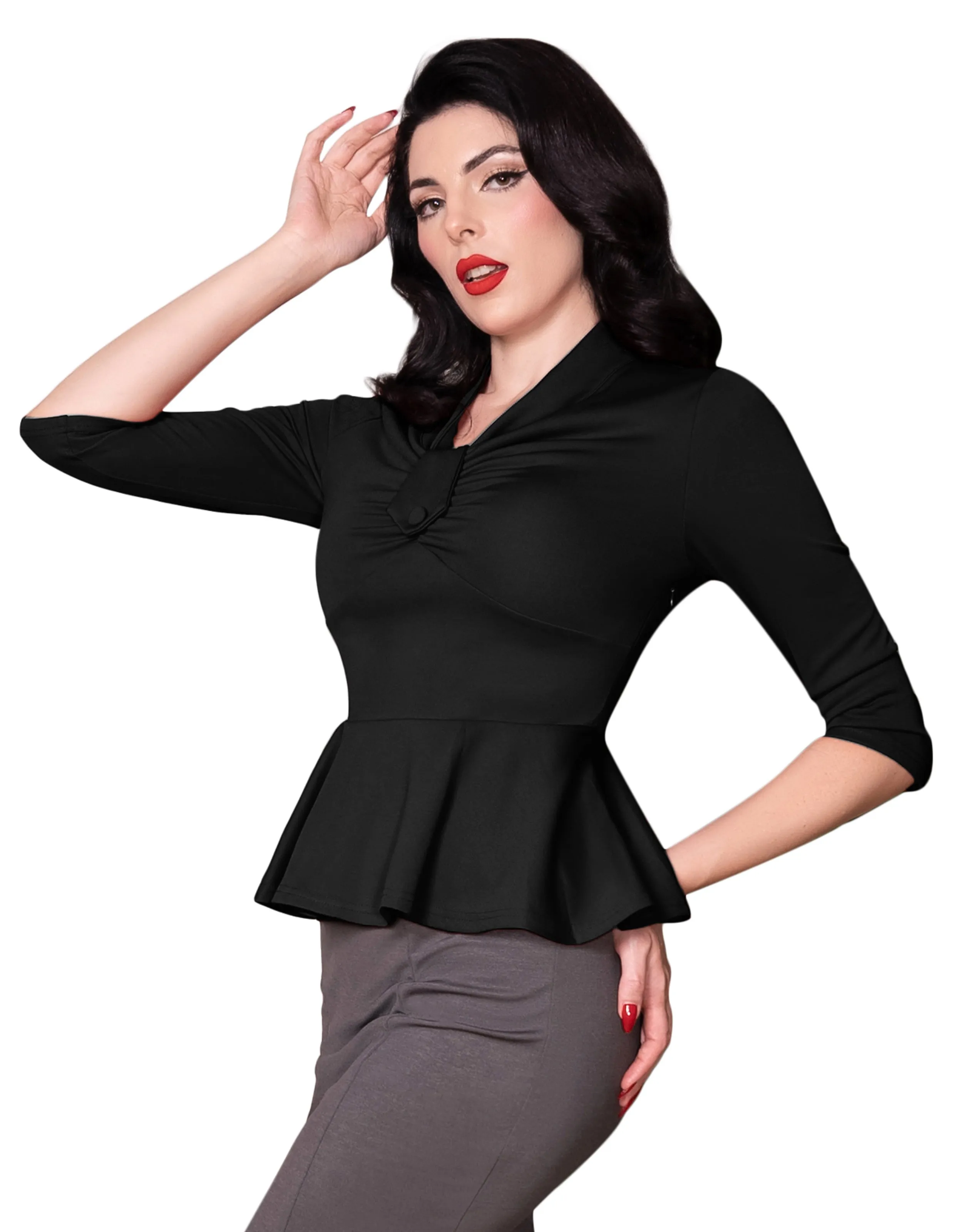 Seckill Offer⌛Vintage Peplum Hem Tops 3/4 Sleeve V-Neck Ruched Tops