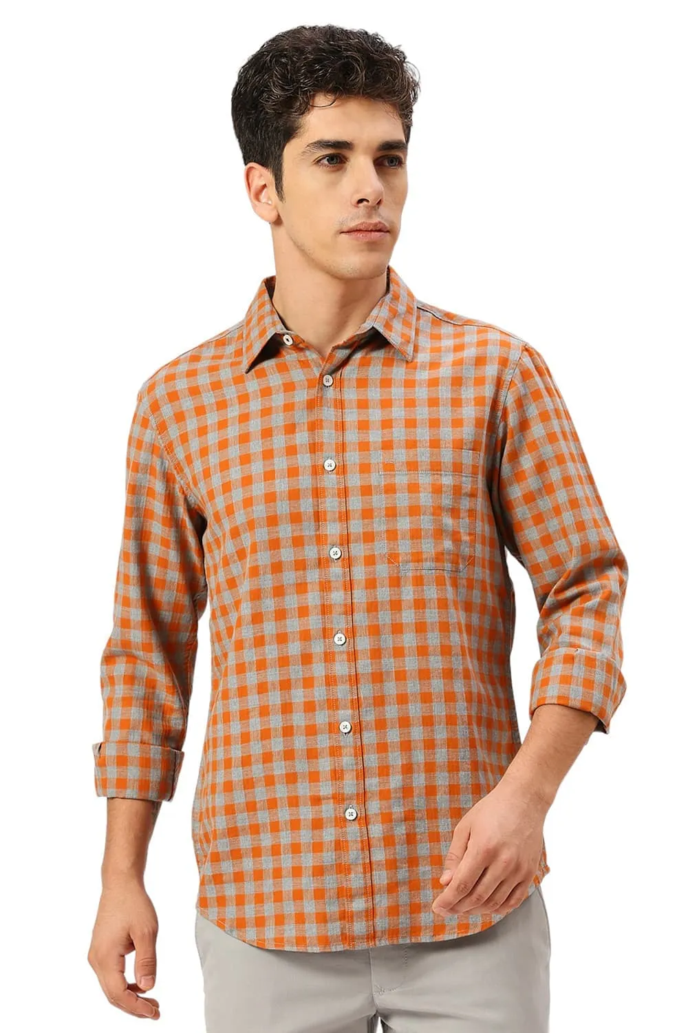 Slim Fit Cotton Twill Melange Checks Shirt