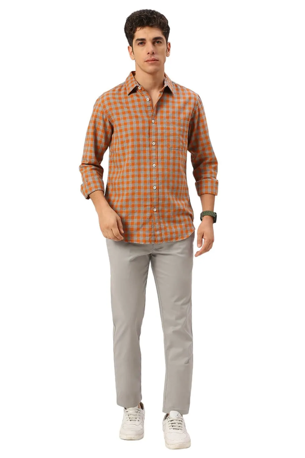 Slim Fit Cotton Twill Melange Checks Shirt