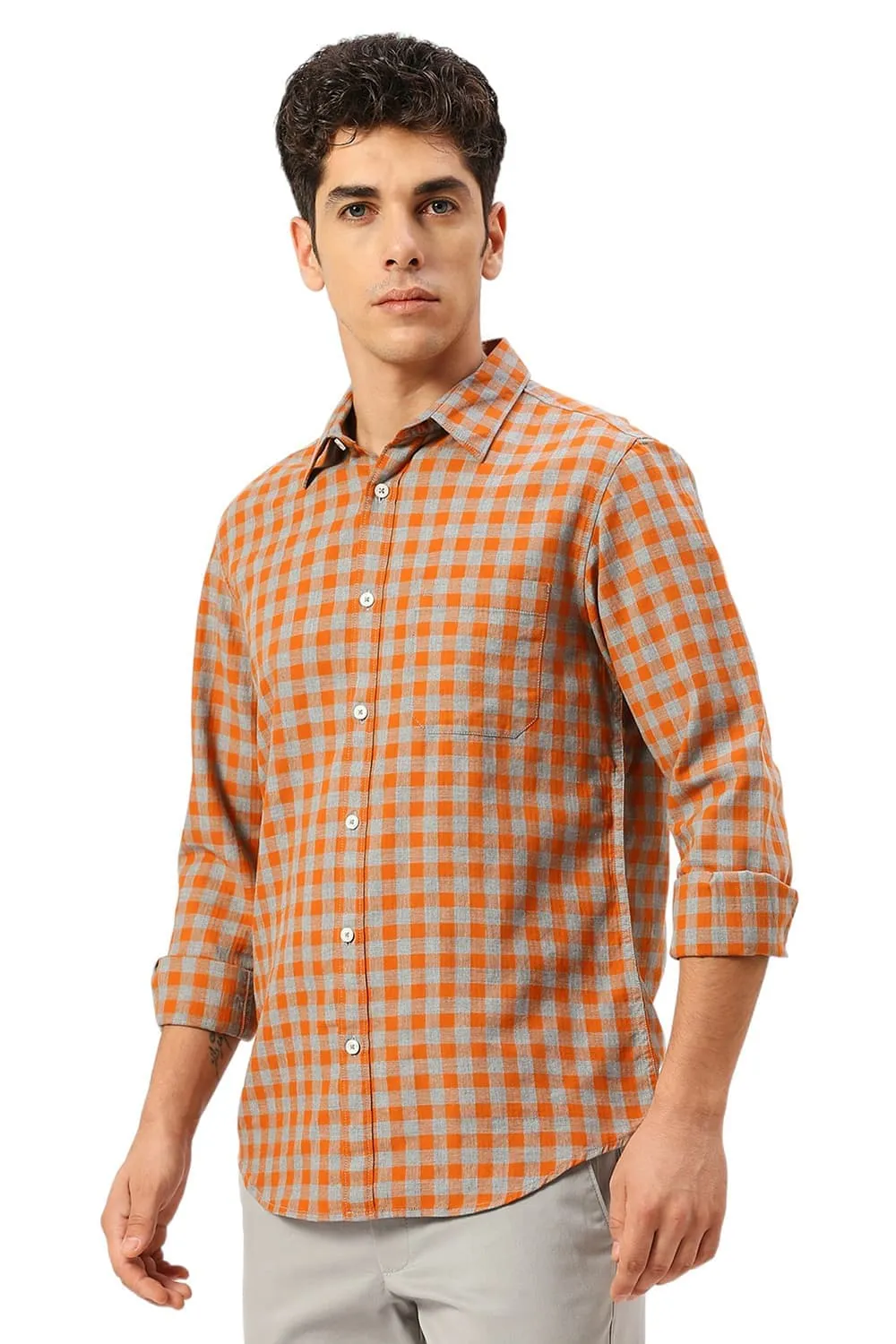 Slim Fit Cotton Twill Melange Checks Shirt