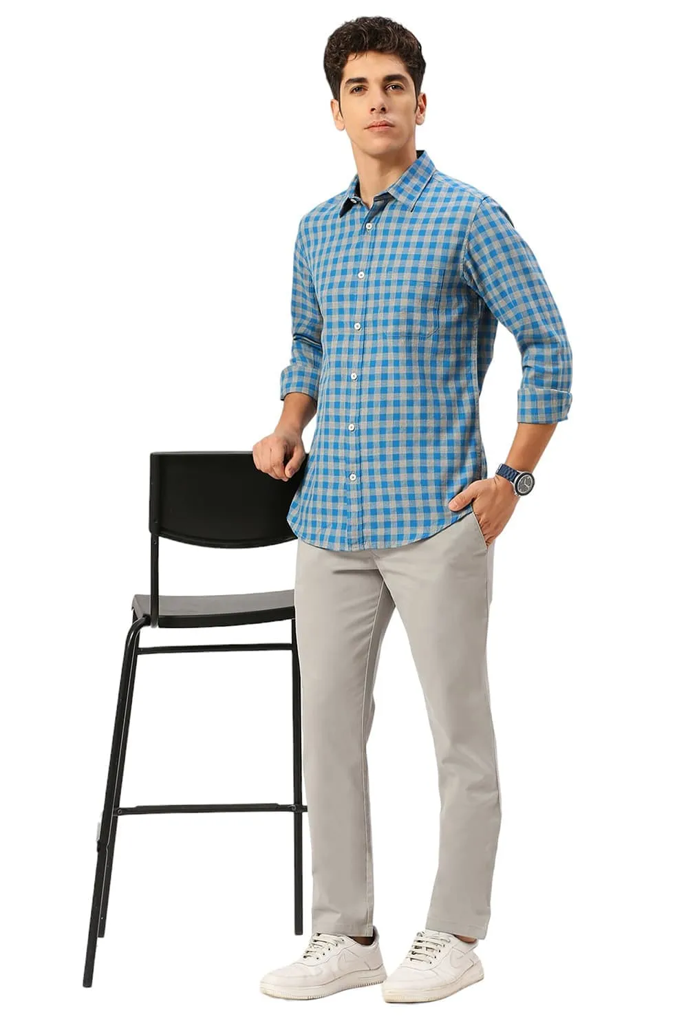 Slim Fit Cotton Twill Melange Checks Shirt