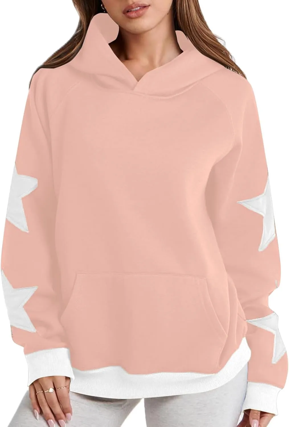 Star Pattern Oversized Hooded Sweatshirt for Women Casual Trendy Streetwear 2024 Teen Girls Pullover Tops with Pocket