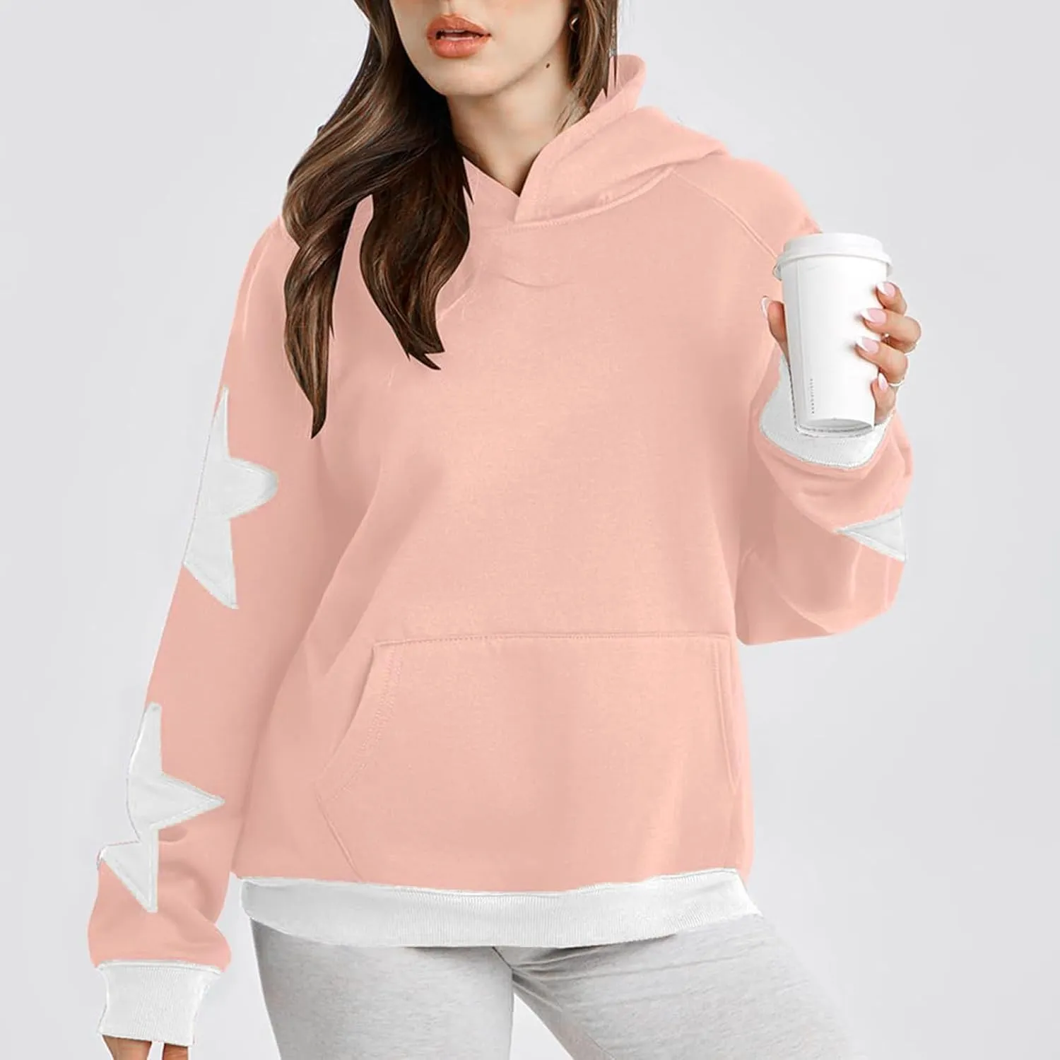Star Pattern Oversized Hooded Sweatshirt for Women Casual Trendy Streetwear 2024 Teen Girls Pullover Tops with Pocket