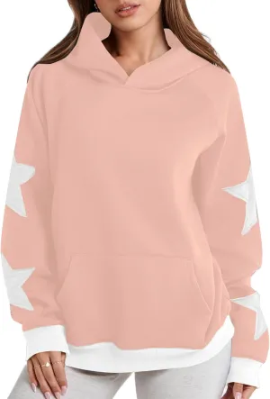 Star Pattern Oversized Hooded Sweatshirt for Women Casual Trendy Streetwear 2024 Teen Girls Pullover Tops with Pocket