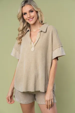 White Birch Solid Color Thermal Knit Top in Taupe