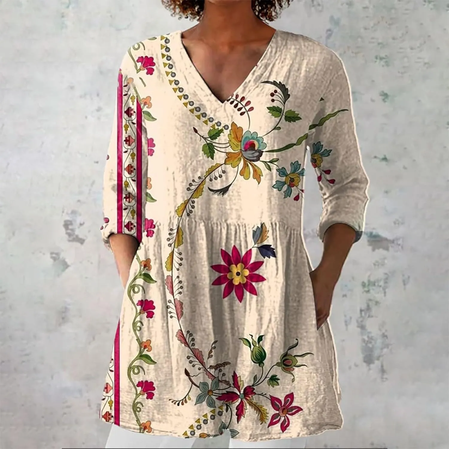 Women Plus Size Tops Trendy Summer 2025 Color Block Floral Print Dress Long Sleeve V Neck Blouses Casual Tunic Outfits
