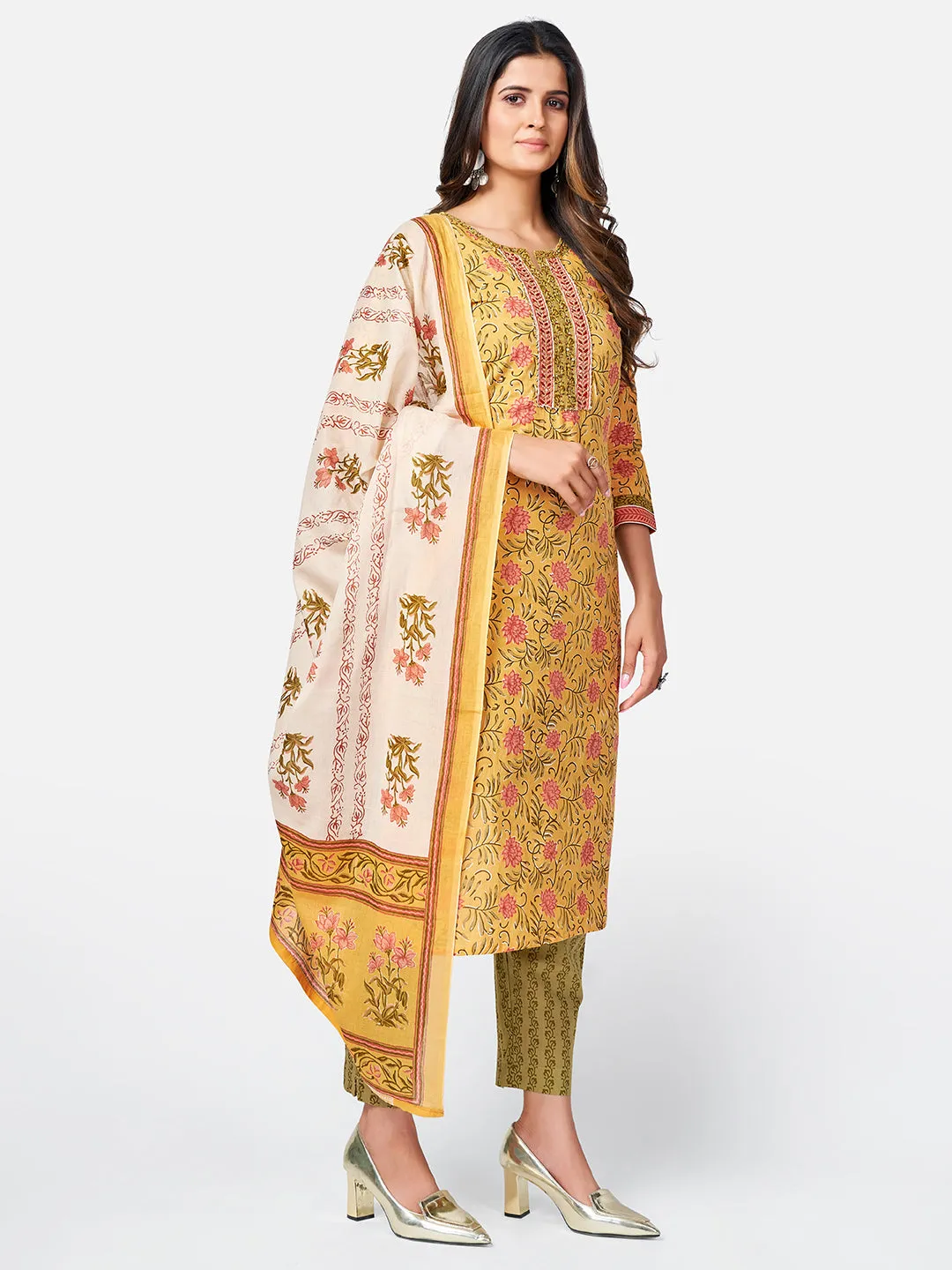 Women'S Floral Print & Sequence Work Straight Cotton Yellow Kurta Pant With Dupatta