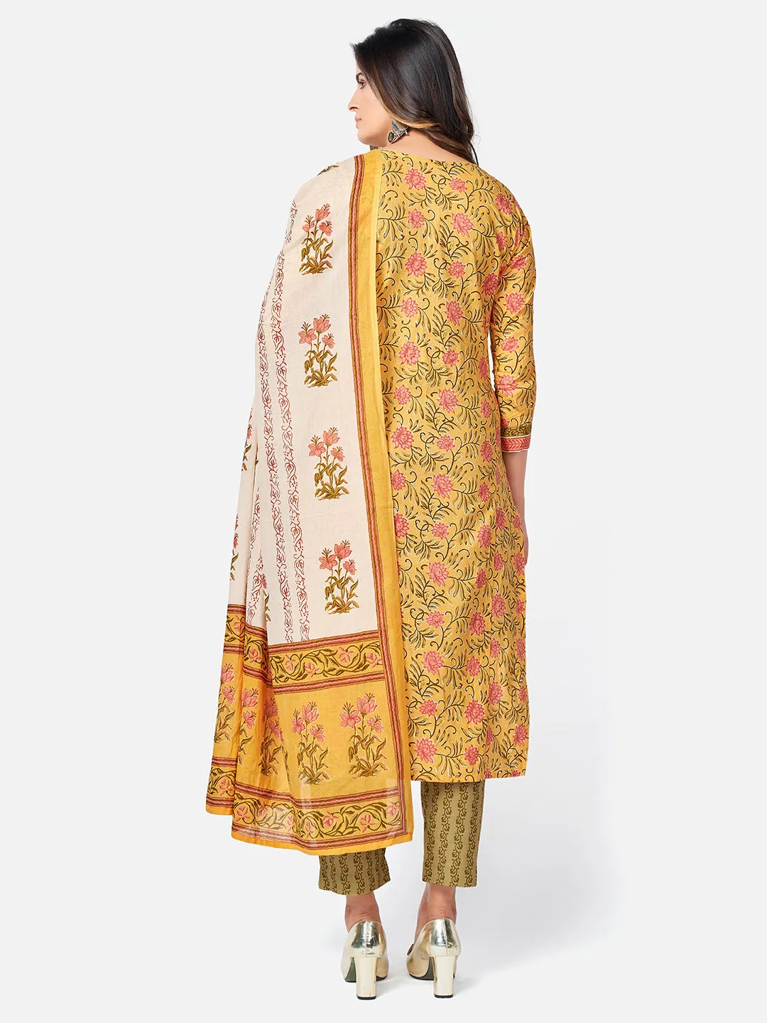 Women'S Floral Print & Sequence Work Straight Cotton Yellow Kurta Pant With Dupatta