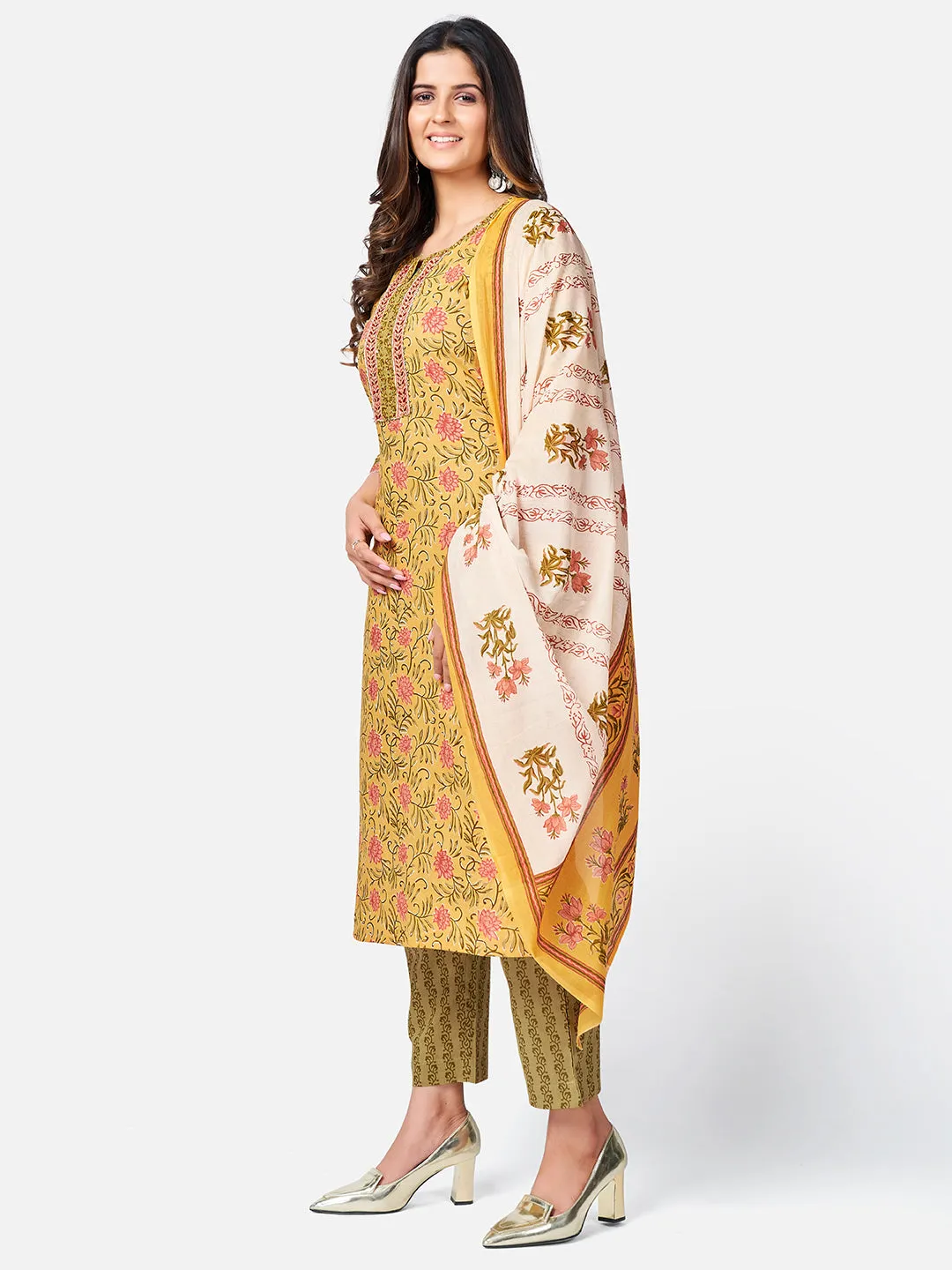 Women'S Floral Print & Sequence Work Straight Cotton Yellow Kurta Pant With Dupatta