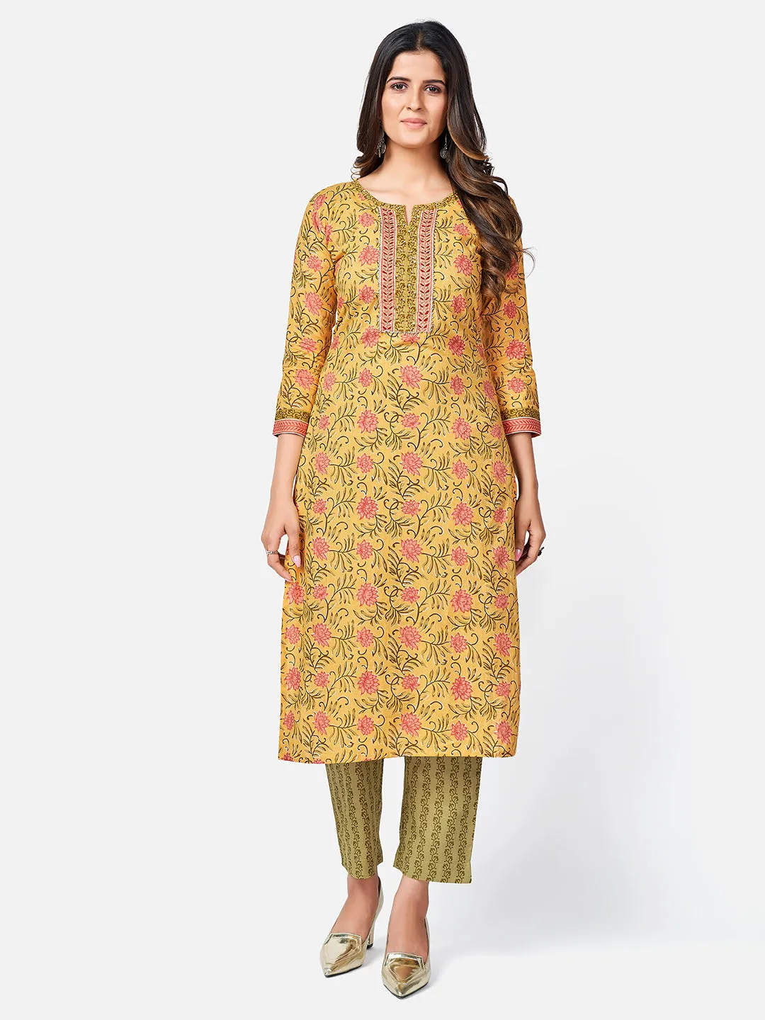 Women'S Floral Print & Sequence Work Straight Cotton Yellow Kurta Pant With Dupatta