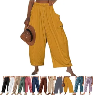Women's Linen Wide Leg Pants with Pockets,Casual Loose Drawstring Summer Beach Travel Vacation Palazzo Harem