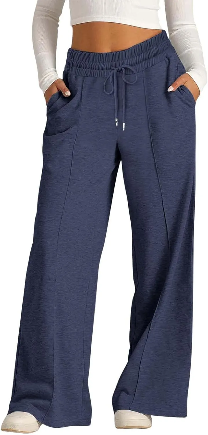 Womens Wide Leg Sweatpants High Waist Cotton Baggy Casual Drawstring Waist Running Lounge Pants with Pockets