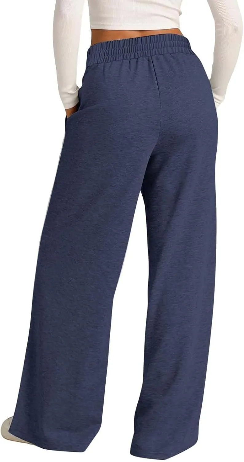 Womens Wide Leg Sweatpants High Waist Cotton Baggy Casual Drawstring Waist Running Lounge Pants with Pockets