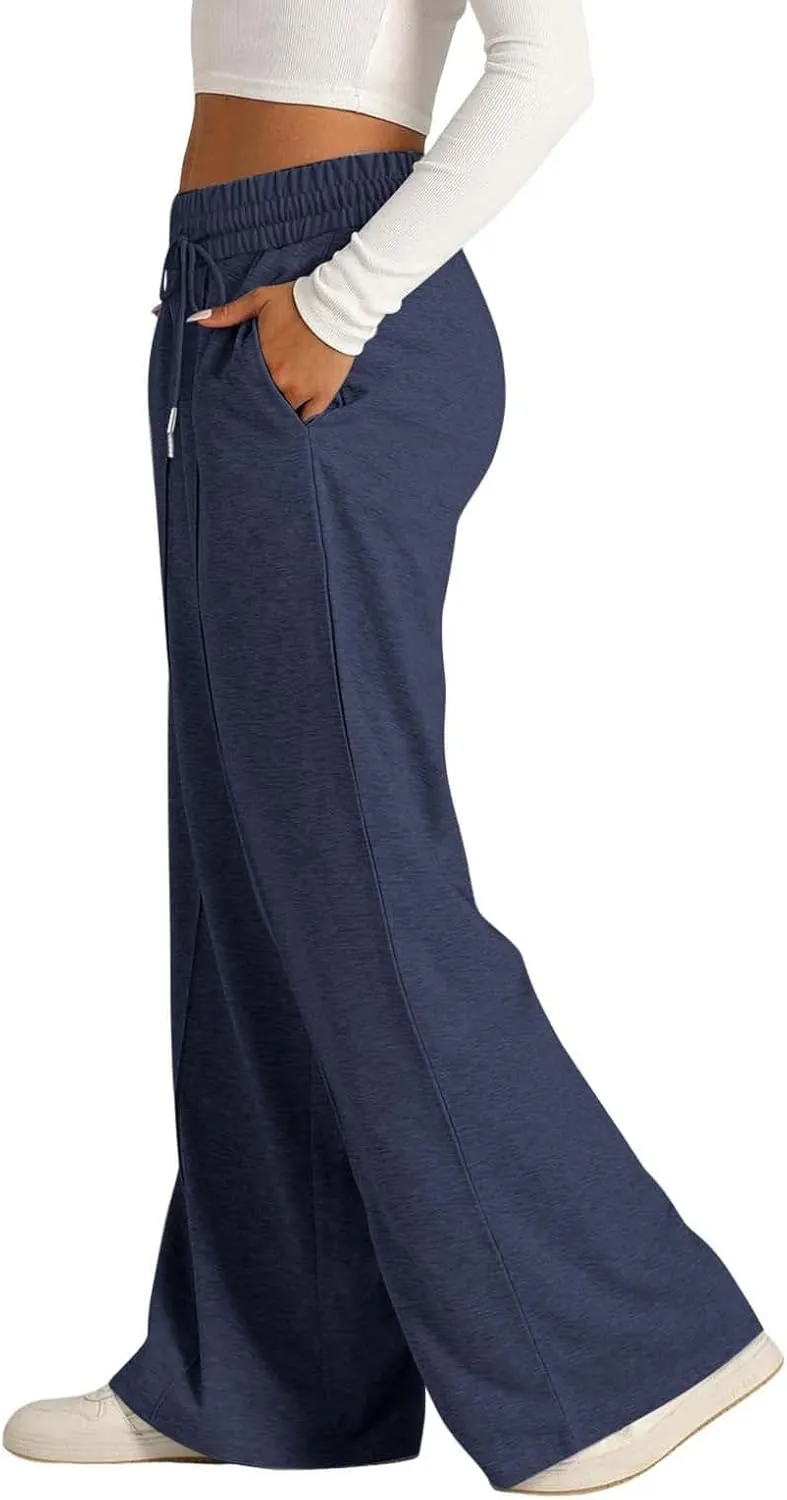 Womens Wide Leg Sweatpants High Waist Cotton Baggy Casual Drawstring Waist Running Lounge Pants with Pockets
